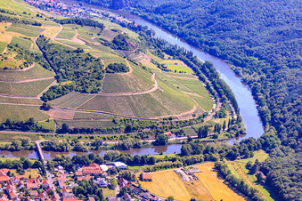 Aerial photograpy of Wine village on the Nahe below the Hermannsberg vineyard in Oberhausen an der Nahe in the state Rhineland-Palatinate, Germany