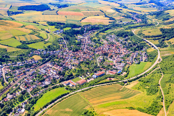 Aerial view of Village - view on the edge of agricultural fields and farmland in Alsenz in the state Rhineland-Palatinate, Germany