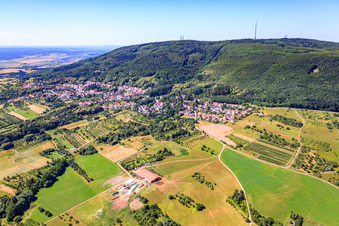 Aerial view of Village at the foot of the Donnersberg in Dannenfels in the state Rhineland-Palatinate, Germany