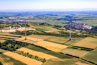 Aerial view of Wind farm above Grünstadt in Tiefenthal in the state Rhineland-Palatinate, Germany