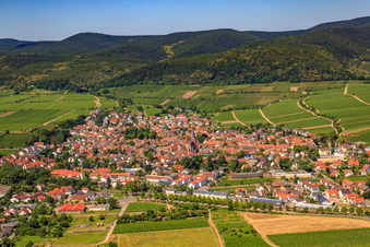 Aerial view of Wine-growing town on the Palatinate Wine Route between vineyards from the northeast in Deidesheim in the state Rhineland-Palatinate, Germany