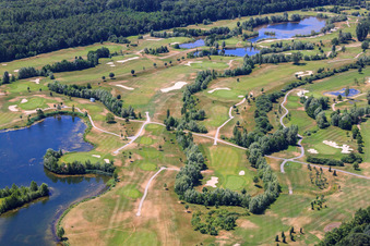 Aerial photograpy of Grounds of the Golf course at Golfanlage Landgut Dreihof in Essingen in the state Rhineland-Palatinate