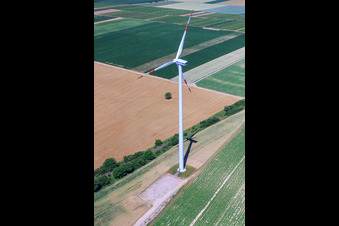 Aerial view of Wind turbines in Offenbach an der Queich in the state Rhineland-Palatinate, Germany