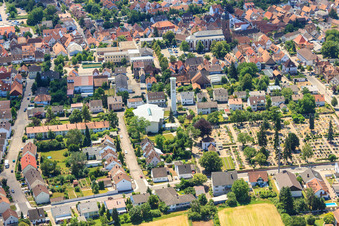 Aerial view of Cemetery and St. Pius in Kandel in the state Rhineland-Palatinate, Germany