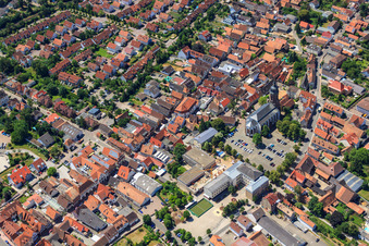 Aerial photograpy of Market Square and St. George in Kandel in the state Rhineland-Palatinate, Germany