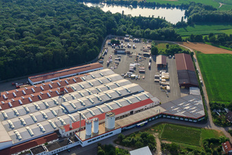 Weber-Haus in the district Linx in Rheinau in the state Baden-Wuerttemberg, Germany seen from above