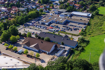 Aerial view of Lauterburger Straße, Aldi expansion construction site in Kandel in the state Rhineland-Palatinate, Germany