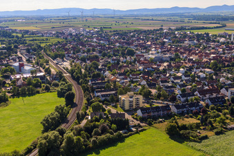 City view with railway line from the southeast in Kandel in the state Rhineland-Palatinate, Germany