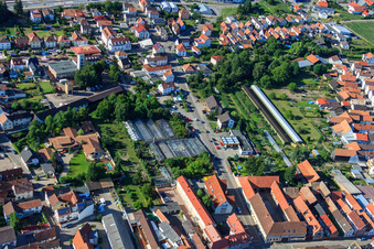 Greenhouses on Lindenstr in Rülzheim in the state Rhineland-Palatinate, Germany from the drone perspective