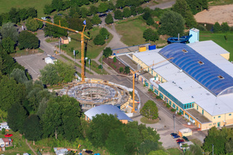 Aerial view of New Dampfnudel and outdoor pool in Rülzheim in the state Rhineland-Palatinate, Germany