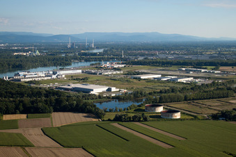 Oberwald industrial area in Wörth am Rhein in the state Rhineland-Palatinate, Germany seen from a drone