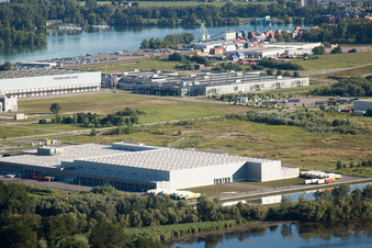 Aerial view of Oberwald industrial area in Wörth am Rhein in the state Rhineland-Palatinate, Germany