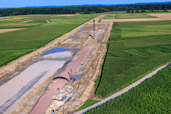 Aerial view of Construction site for the polder at Neupotz in Neupotz in the state Rhineland-Palatinate, Germany