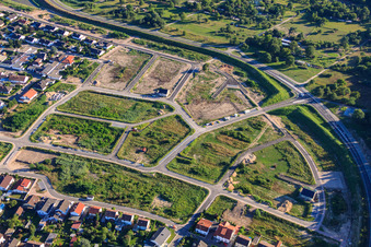 Aerial view of Vogelring in the new development area SW in Jockgrim in the state Rhineland-Palatinate, Germany