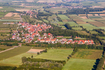 Aerial view of Village - view on the edge of agricultural fields and farmland in Winden in the state Rhineland-Palatinate, Germany