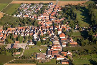 Aerial view of Oberdorfstraße with Protestant church in the district Mühlhofen in Billigheim-Ingenheim in the state Rhineland-Palatinate, Germany