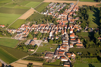 Aerial photograpy of Oberdorfstraße with Protestant church in the district Mühlhofen in Billigheim-Ingenheim in the state Rhineland-Palatinate, Germany