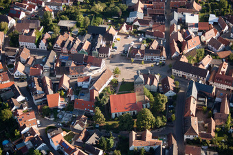 Aerial photograpy of Evangelical St. Martin's Church in the district Billigheim in Billigheim-Ingenheim in the state Rhineland-Palatinate, Germany