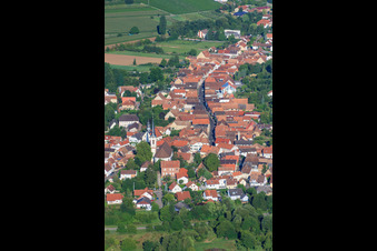 Aerial photograpy of Main street from the east in Göcklingen in the state Rhineland-Palatinate, Germany