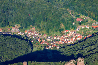 View from the east from the Scharfenberg ruins into the village in the district Bindersbach in Annweiler am Trifels in the state Rhineland-Palatinate, Germany