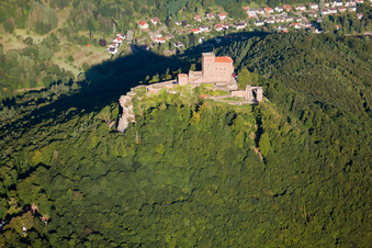 Drone recording of Trifels Castle in Annweiler am Trifels in the state Rhineland-Palatinate, Germany