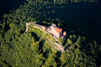 Drone image of Trifels Castle in Annweiler am Trifels in the state Rhineland-Palatinate, Germany