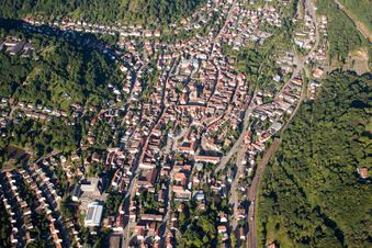 Aerial photograpy of Town View of the streets and houses of the residential areas in Annweiler am Trifels in the state Rhineland-Palatinate