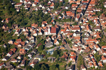 Town center with city church from the east in Annweiler am Trifels in the state Rhineland-Palatinate, Germany