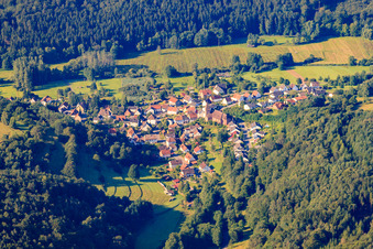 Village in the Palatinate Forest from the north in Niederschlettenbach in the state Rhineland-Palatinate, Germany