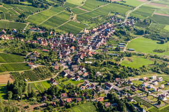 Oblique view of Village - view on the edge of agricultural fields and farmland in Rott in Grand Est, France