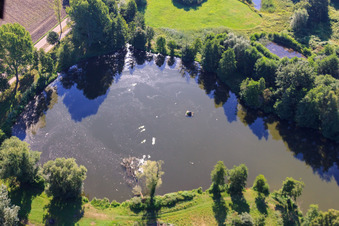 Aerial view of Schwanenweiher recreational lake in Steinfeld in the state Rhineland-Palatinate, Germany