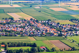 Aerial view of Panorama of the village behind the Viehstrich from the south in Minfeld in the state Rhineland-Palatinate, Germany