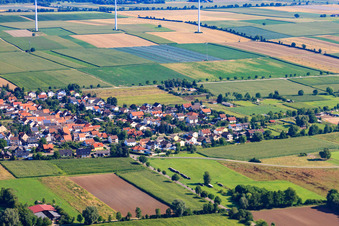 Aerial photograpy of Panorama of the village behind the Viehstrich from the south in Minfeld in the state Rhineland-Palatinate, Germany