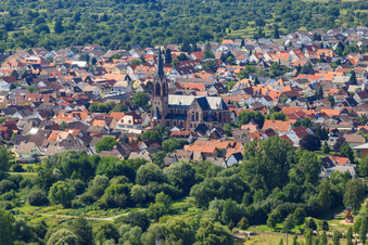 Aerial view of Mary Queen Church in Muggensturm in the state Baden-Wuerttemberg, Germany