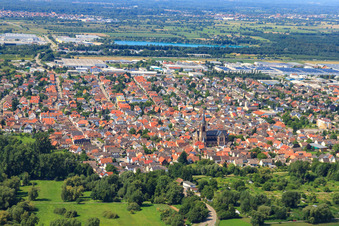 Aerial view of View of the town from the southeast in Muggensturm in the state Baden-Wuerttemberg, Germany