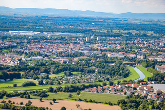 Course of the Murg river and Schwalbenrain allotment garden complex in Rastatt in the state Baden-Wuerttemberg, Germany