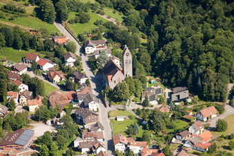 Aerial photograpy of Catholic Church of St. Charles Borromeo in the district Neusatz in Bühl in the state Baden-Wuerttemberg, Germany