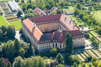 Aerial view of Complex of buildings of the monastery Kloster of Franziskanerinnen Erlenbad e.V. in the district Obersasbach in Sasbach in the state Baden-Wurttemberg, Germany