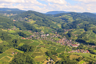 Aerial photograpy of Wine-growing village in the vineyards in the district Büchelbach in Sasbachwalden in the state Baden-Wuerttemberg, Germany