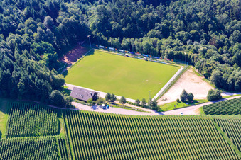 Aerial view of Football field of the sports club Sasbachwalden in the district Büchelbach in Sasbachwalden in the state Baden-Wuerttemberg, Germany