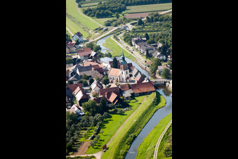 Oblique view of Village on the river bank areas of the river Rench in the district Erlach in Renchen in the state Baden-Wurttemberg
