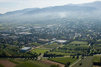 Aerial view of Building and production halls on the premises of Muffenrohr GmbH in Ottersweier in the state Baden-Wurttemberg