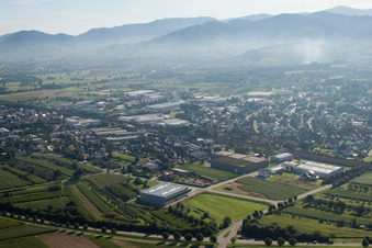 Aerial photograpy of Building and production halls on the premises of Muffenrohr GmbH in Ottersweier in the state Baden-Wurttemberg