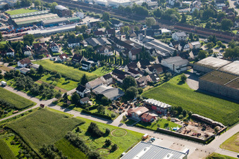Building and production halls on the premises of Muffenrohr GmbH in Ottersweier in the state Baden-Wurttemberg seen from above