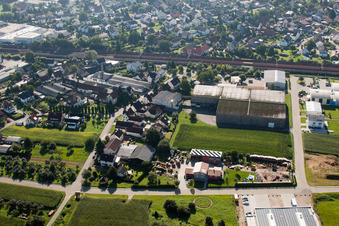 Building and production halls on the premises of Muffenrohr GmbH in Ottersweier in the state Baden-Wurttemberg viewn from the air