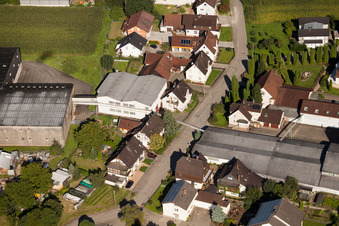 Building and production halls on the premises of Muffenrohr GmbH in Ottersweier in the state Baden-Wurttemberg viewn from the air