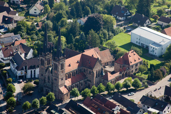 Aerial photograpy of Church building Katholische Pfarrkirche St. Johannes in Ottersweier in the state Baden-Wurttemberg, Germany
