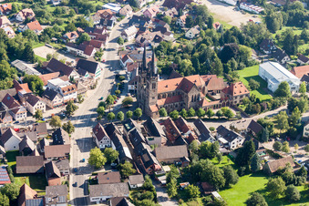 Oblique view of Church building Katholische Pfarrkirche St. Johannes in Ottersweier in the state Baden-Wurttemberg, Germany