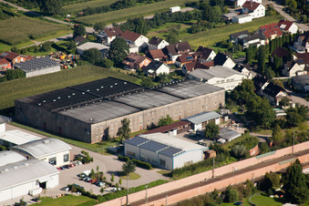 Building and production halls on the premises of Muffenrohr GmbH in Ottersweier in the state Baden-Wurttemberg seen from a drone