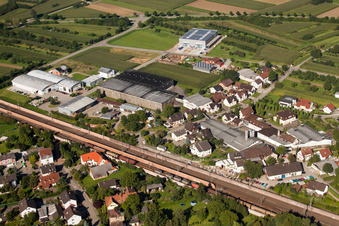 Building and production halls on the premises of Muffenrohr GmbH in Ottersweier in the state Baden-Wurttemberg from the plane